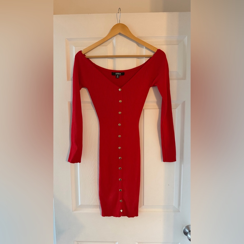 Hera Red Ribbed Button-Front Women’s Dress